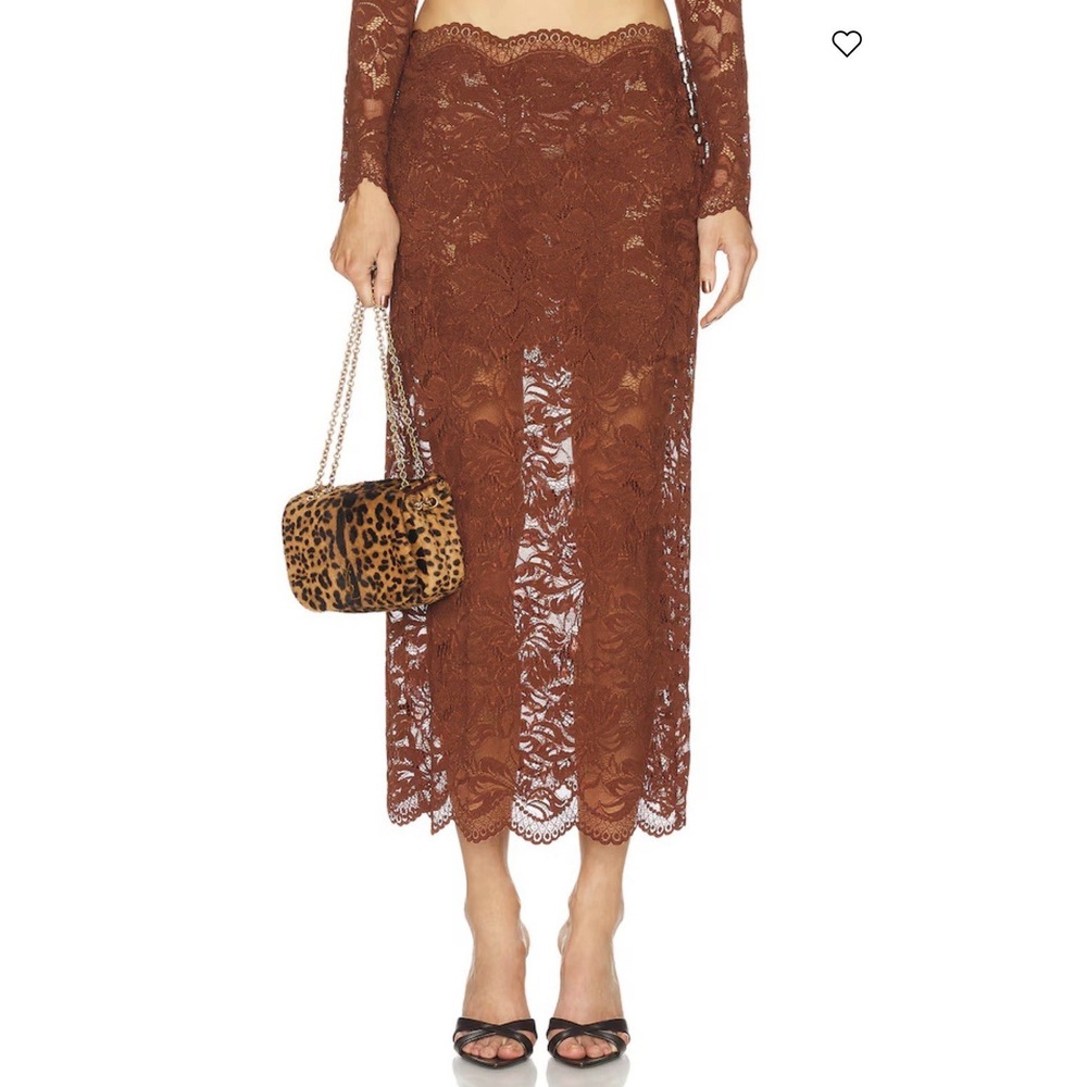 Rabanne Women Midi Skirt Peach Size-38 Sheer Stretch Lace Scalloped‎ Hem